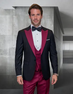 3pc Tuxedo Suit,modern Fit Flat Front Pants. Super 150's Italian Fabric | Arya | Burgundy