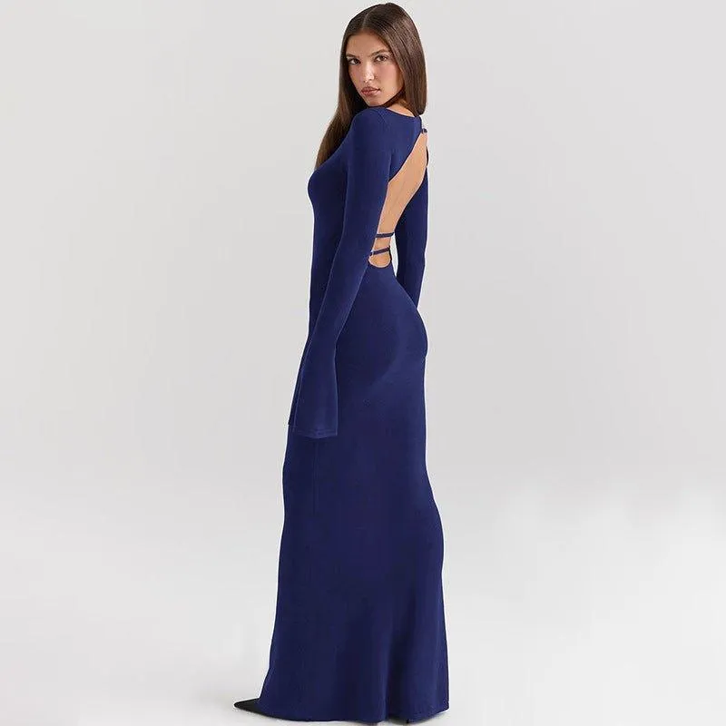 Elegant Solid Color Dress Backless Slim Fit Long Dress – High Waist Fashion