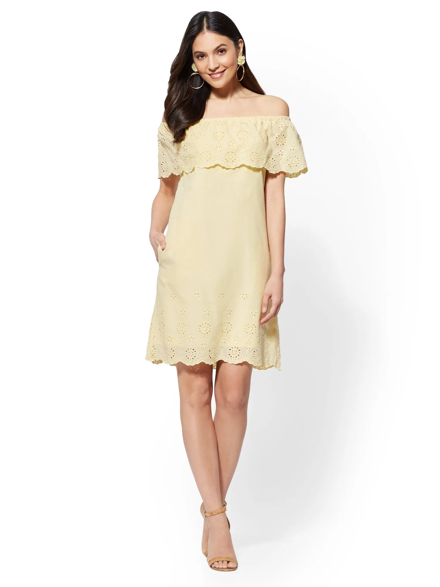 Eyelet-Trim Off-The-Shoulder Shift Dress