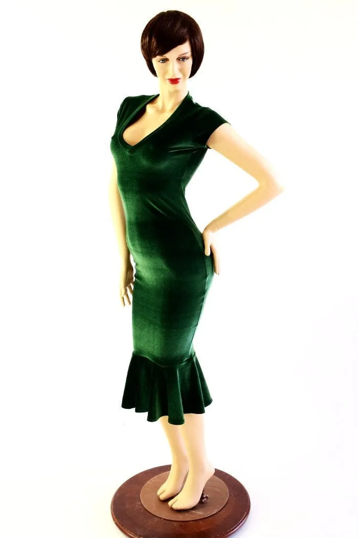 Green Velvet Ruffled Wiggle Dress