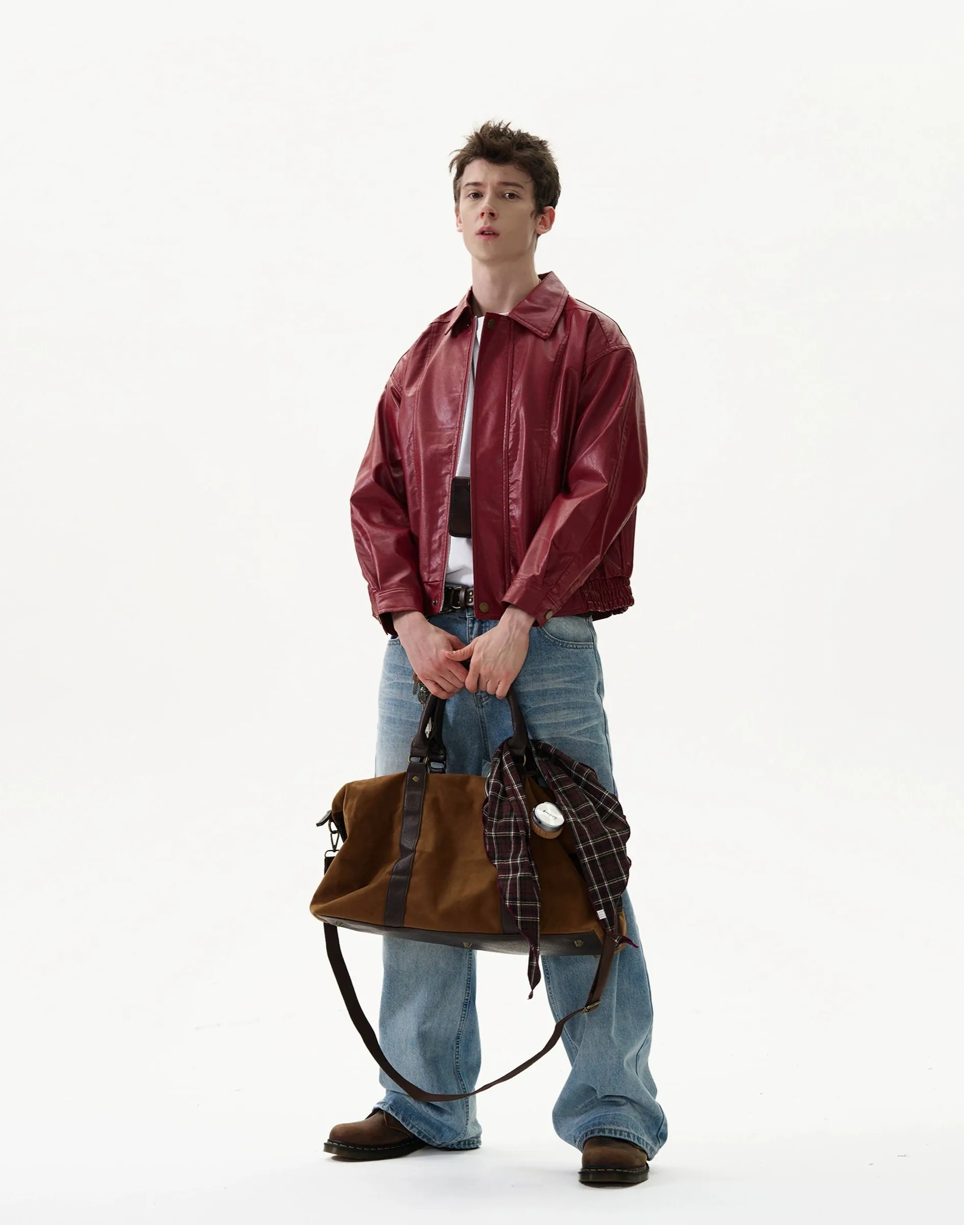 Mid-Crop Faux Leather Collared Bomber Jacket