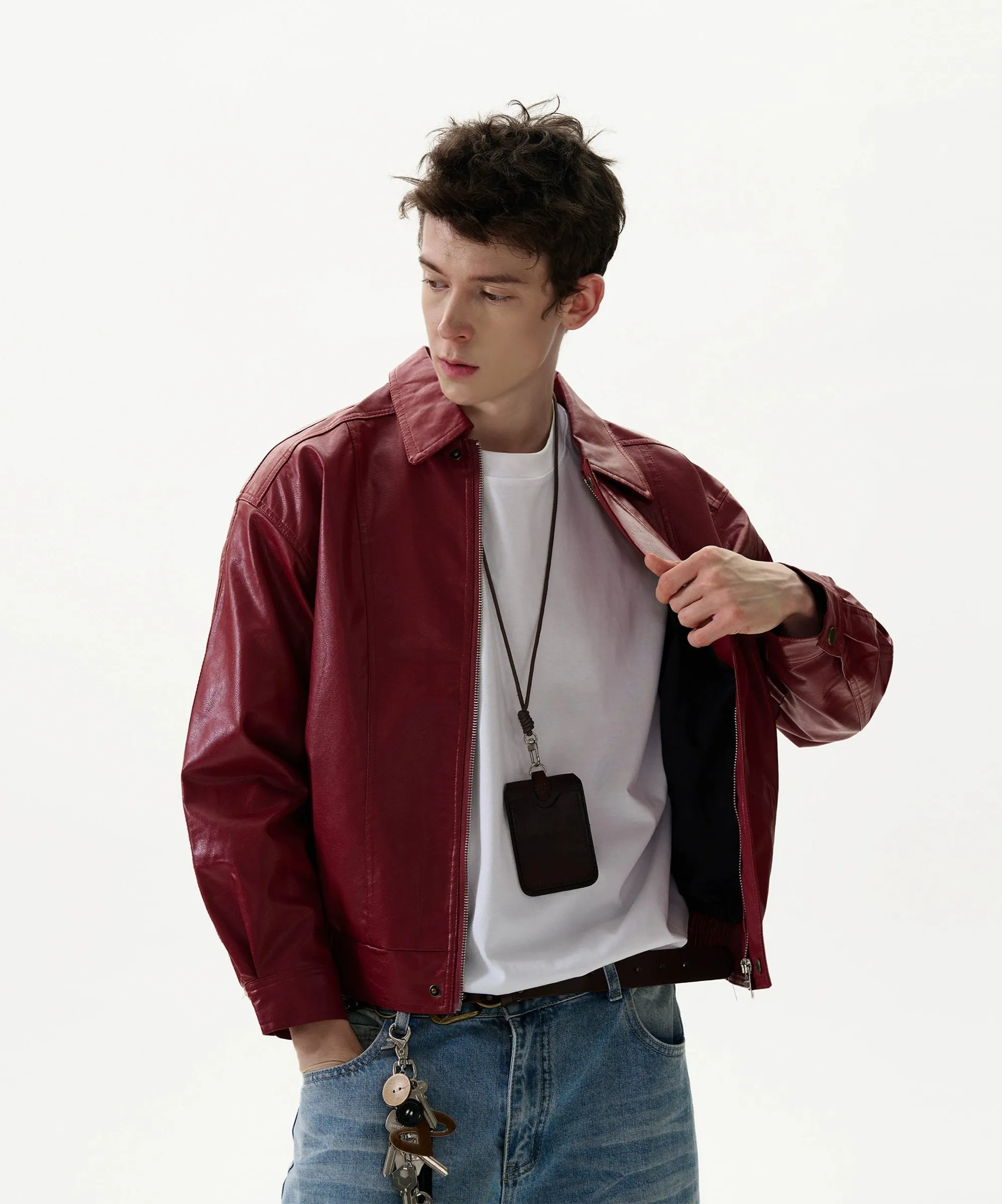 Mid-Crop Faux Leather Collared Bomber Jacket