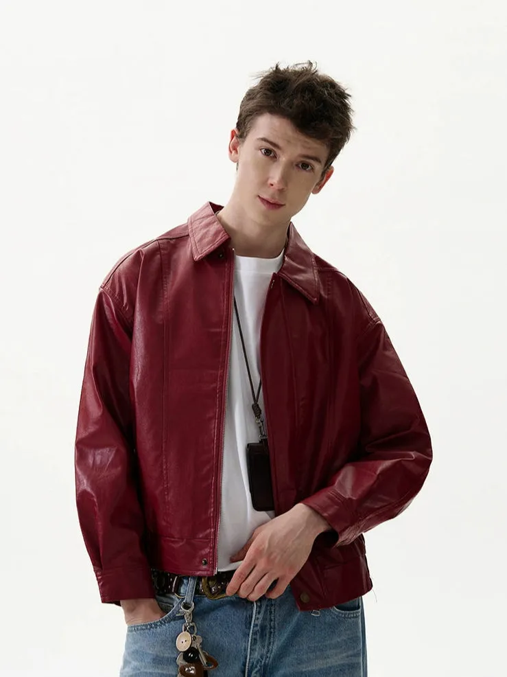 Mid-Crop Faux Leather Collared Bomber Jacket