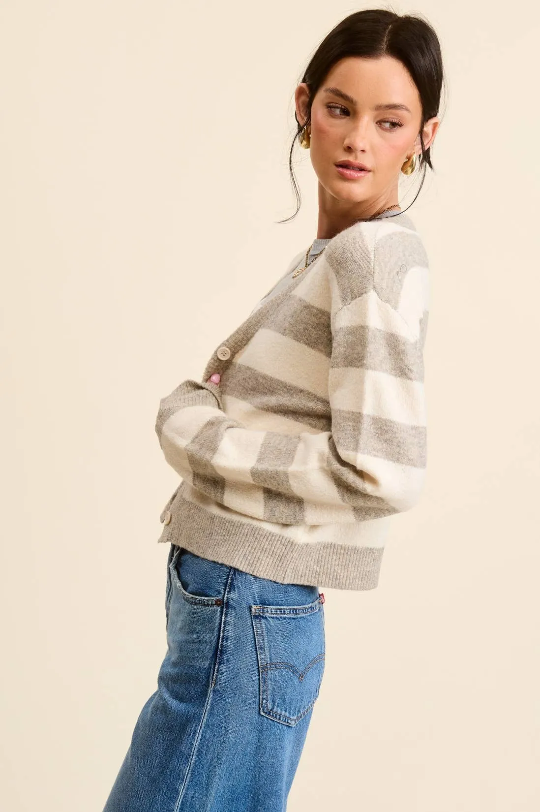 SOFT KNIT STRIPE DETAIL V-NECK CARDIGAN