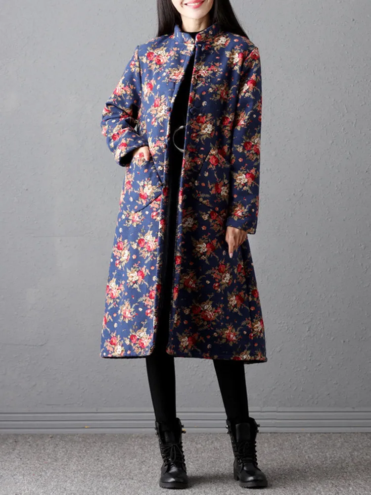Vintage Printed Button Fluff Coats